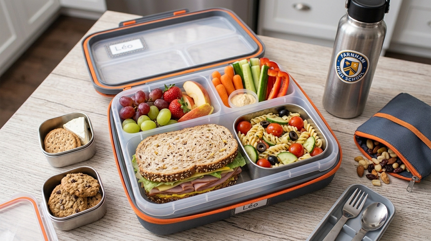 Boîte à lunch ouverte remplie de repas équilibrés pour enfant, avec des fruits, légumes et sandwich.
