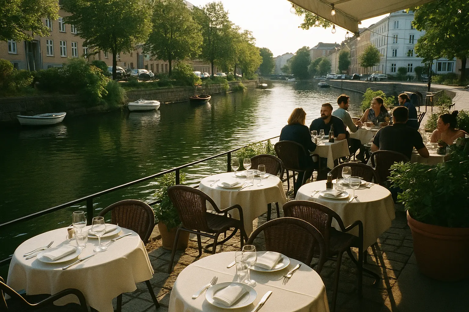 Restaurant med borde udendørs ved kanal med både og levende liv