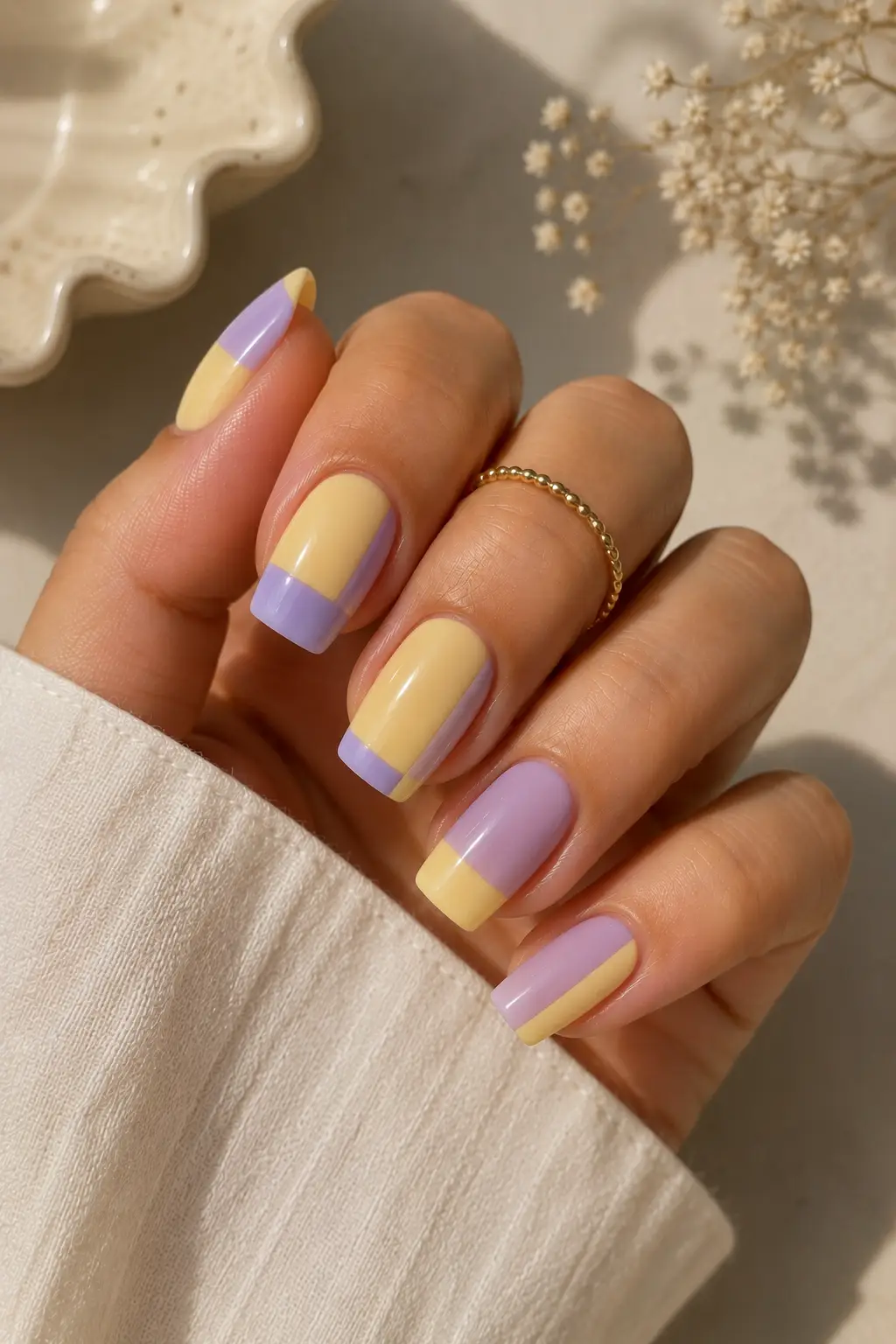 Butter Yellow and Lilac Color Block Square Nails