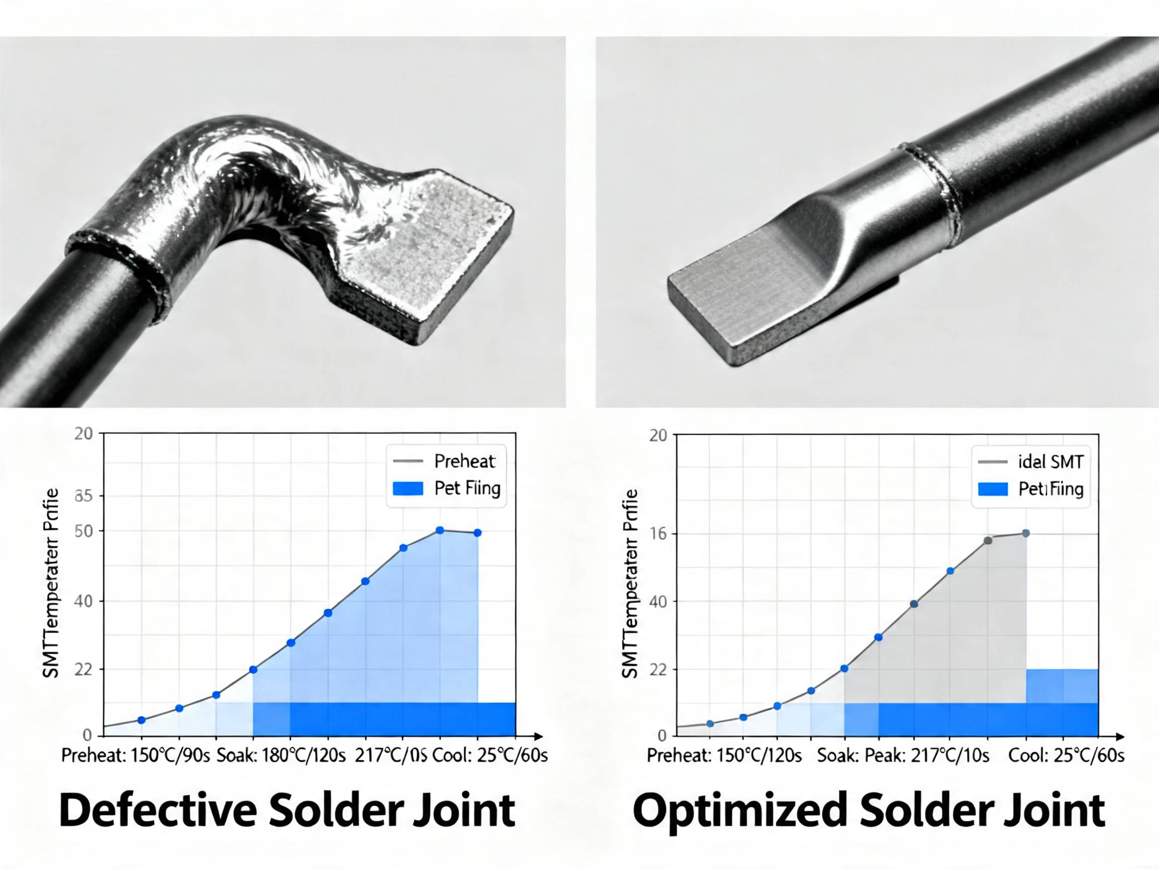Defective vs optimized solder joints.