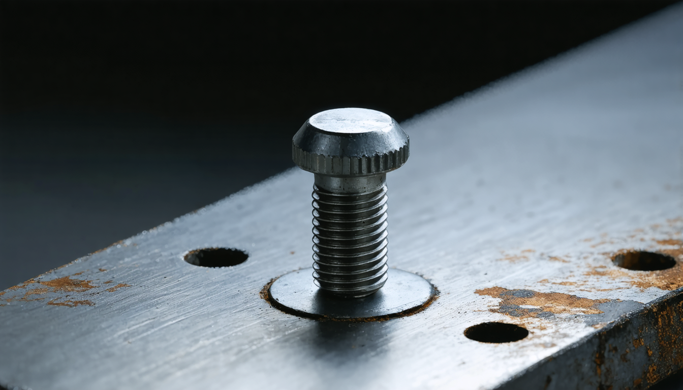A close-up of a bolt seated in a steel plate, its threads re-cut and holding, lit by a single narrow band of cold light against darkness.