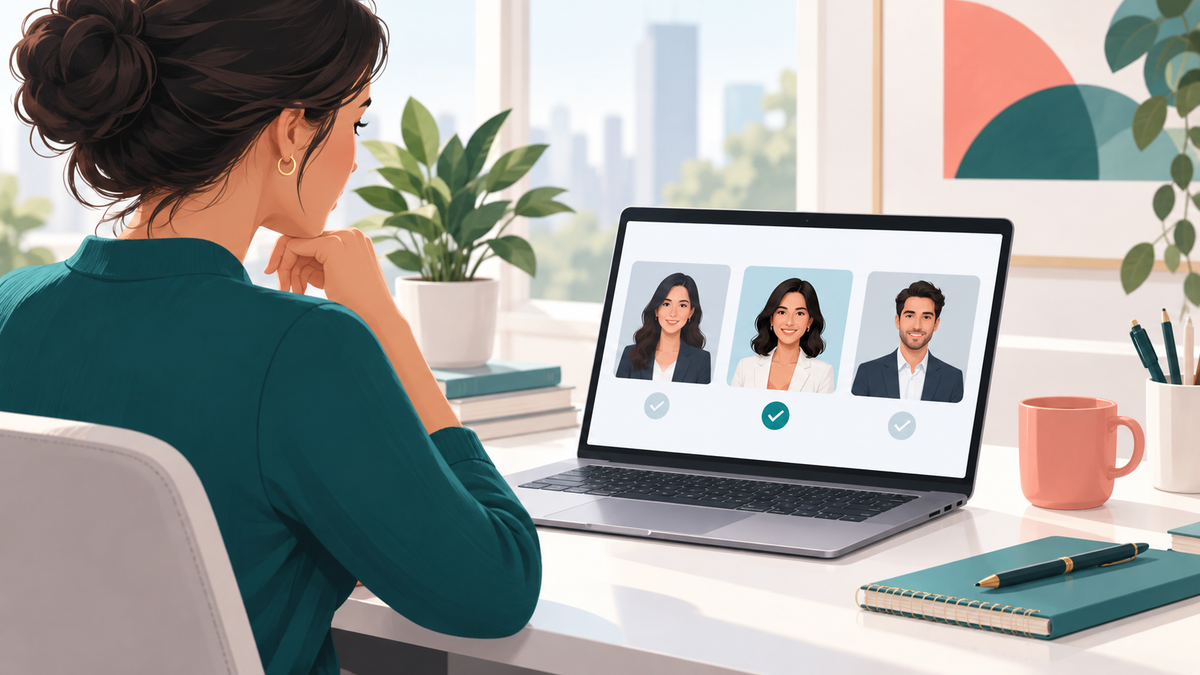 Creator reviewing professional headshot options on a laptop