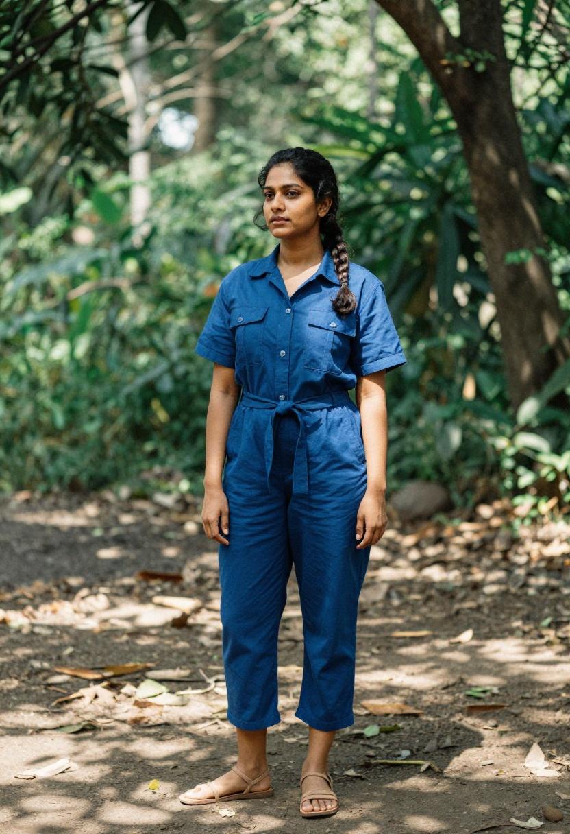 Cobalt blue utility romper against lush woodland greenery for spring outdoor style