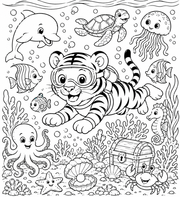 Printable Underwater Tiger Adventure colouring page for kids