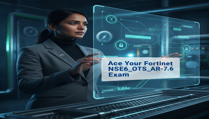 Ace Your Fortinet NSE6_OTS_AR-7.6 Exam A confident cybersecurity architect in a high-tech OT control room, interacting with Fortinet security fabric displays for the NSE6_OTS_AR-7.6 exam.