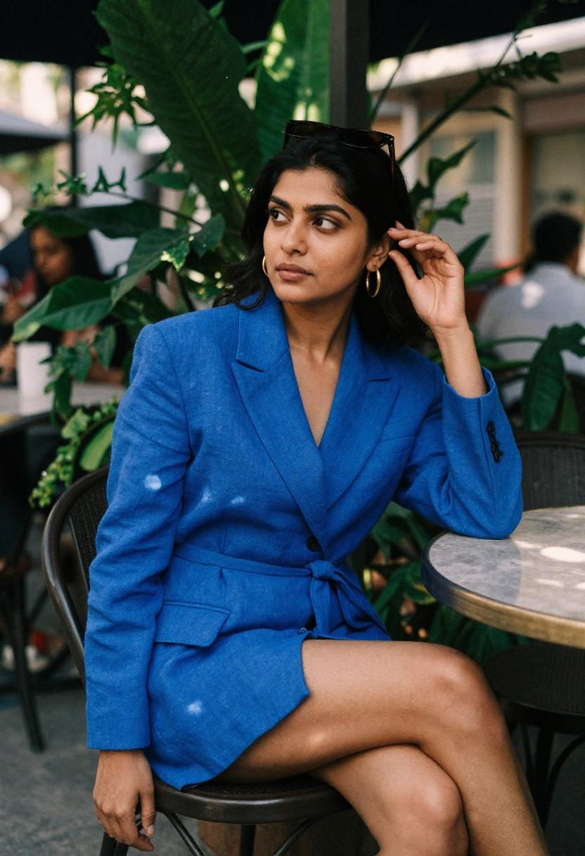 Electric blue linen blazer dress for bridal shower brunch at outdoor café