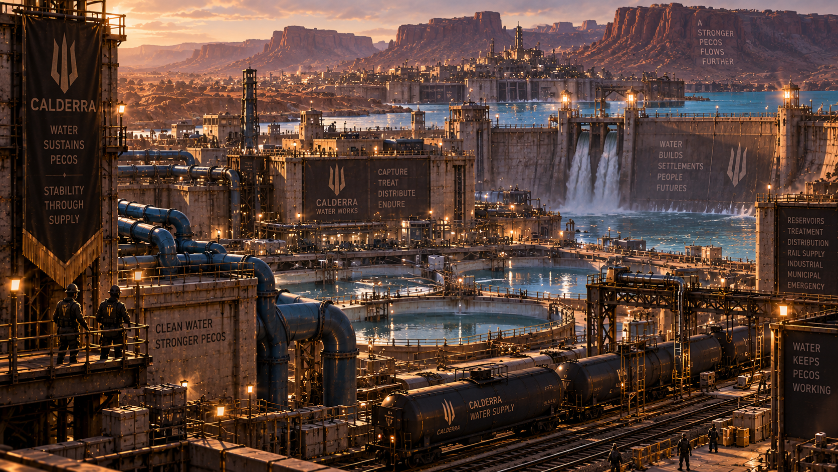 Pecos water network with reservoir, pumping works, purification structures, large pipes, tanker rail, ration towers, municipal supply infrastructure and workers