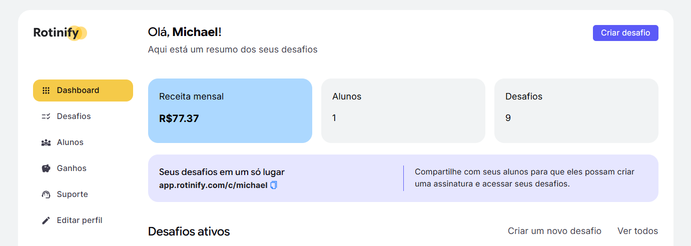 Dashboard do app Rotinify