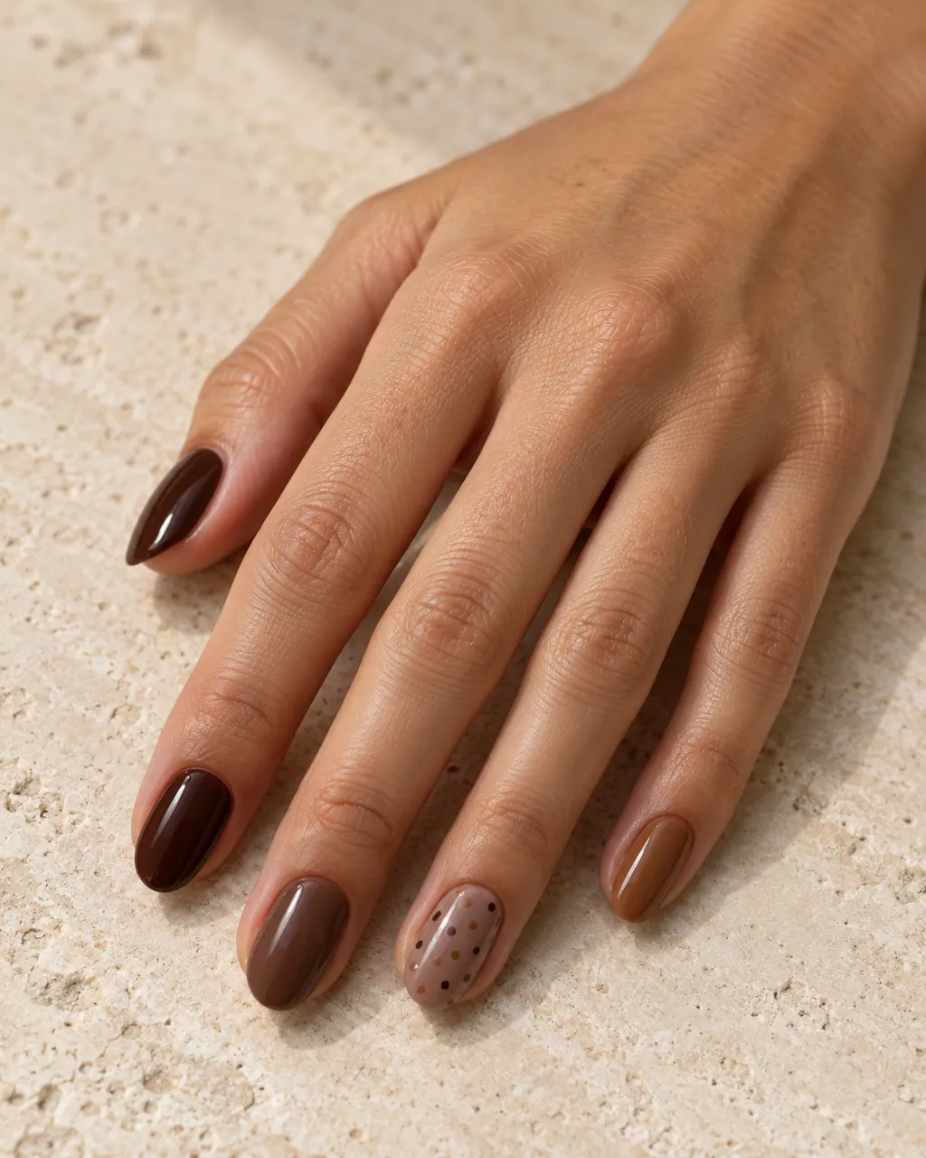 Chocolate Brown Micro-Dot Accent manicure inspiration for chocolate brown nail ideas