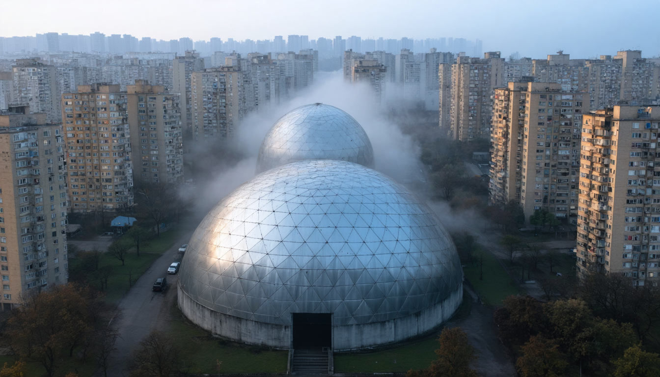 An aerial view of a geodesic dome structure in a misty urban landscape with surrounding dense city blocks