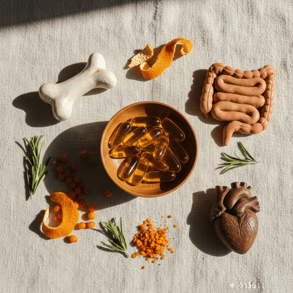 Wellness flat lay with sea buckthorn oil capsule and supportive natural props