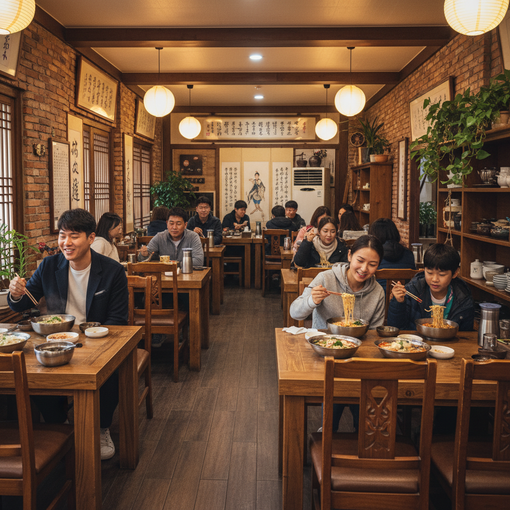 식당 내부 모습과 손님들이 식사하는 장면