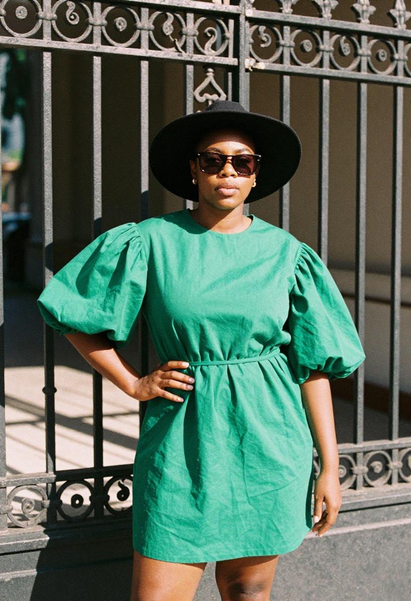 Plus size woman in emerald green puff sleeve shirt dress with sunglasses in front of an ornate urban gate