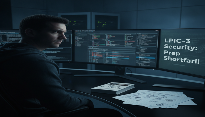 LPIC-3 Security Exam: Prep Shortfall A Linux security professional looking challenged while viewing complex cybersecurity data on multiple monitors, with a thin, generic study guide on the desk looking inadequate in the foreground. The image highlights the insufficient nature of basic preparation for the advanced LPIC-3 Security 303 exam. Text on image: LPIC-3 Security Exam: Prep Shortfall.