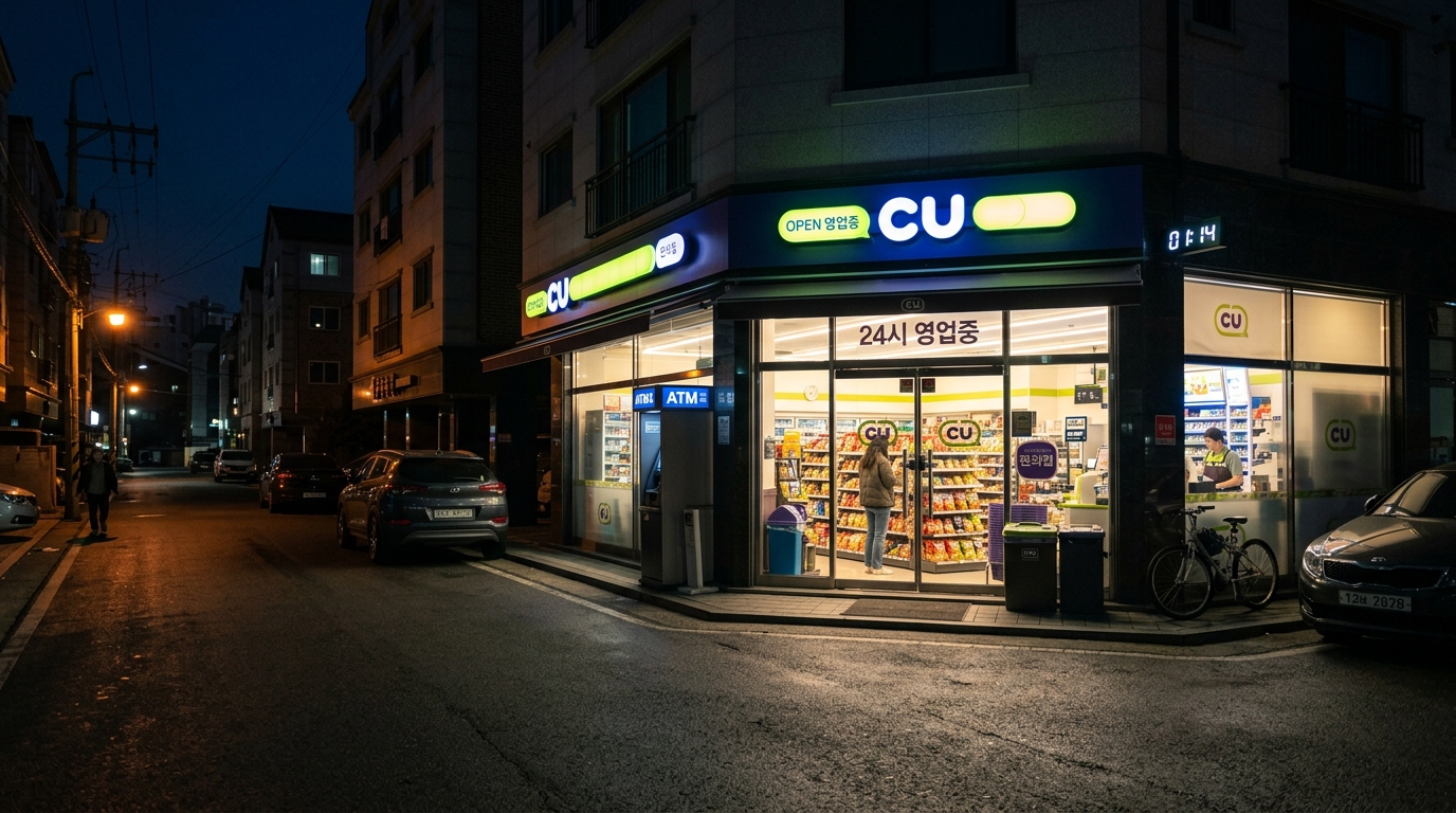 Well-lit Seoul convenience store CU open 24 hours on a quiet street at night