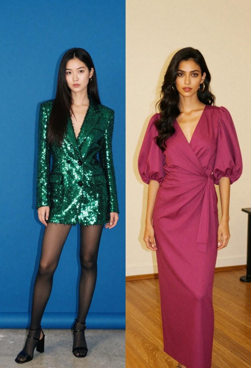 Emerald sequined blazer-dress and magenta puff-sleeve wrap dress options for Oscars night