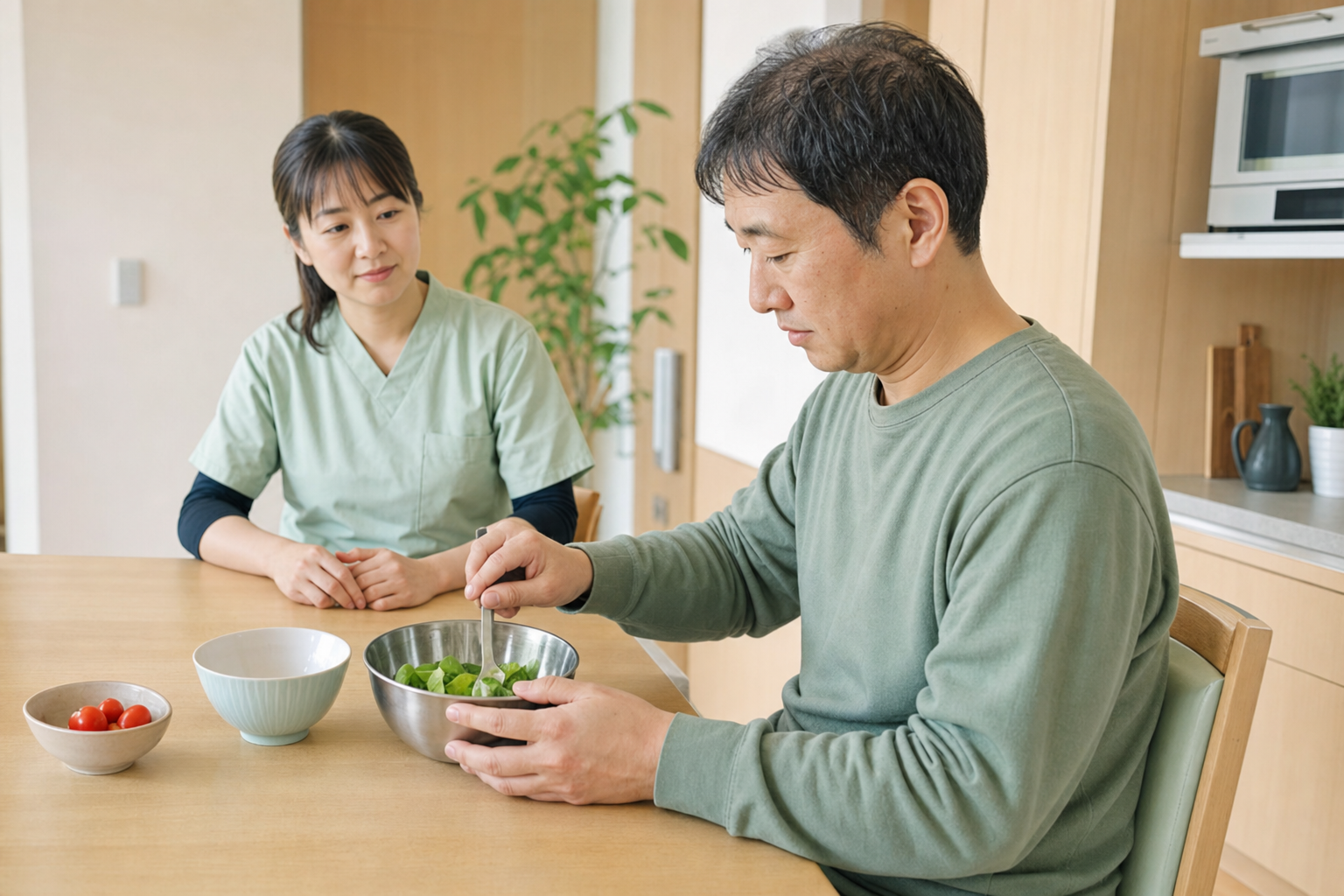 調理動作の中で両手を使う脳卒中後の方と見守る作業療法士