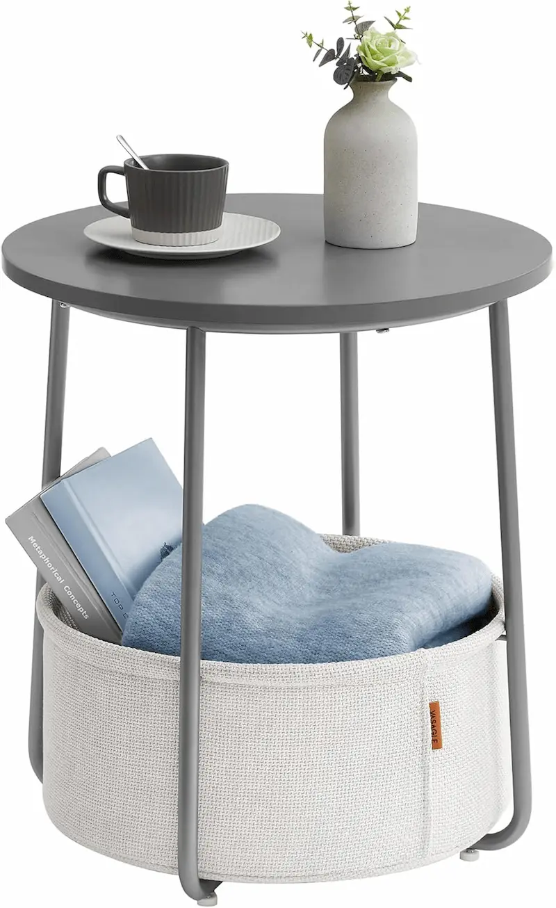 VASAGLE LILEA Round Side Table with Fabric Basket – Modern Nightstand for Living Room & Bedroom
