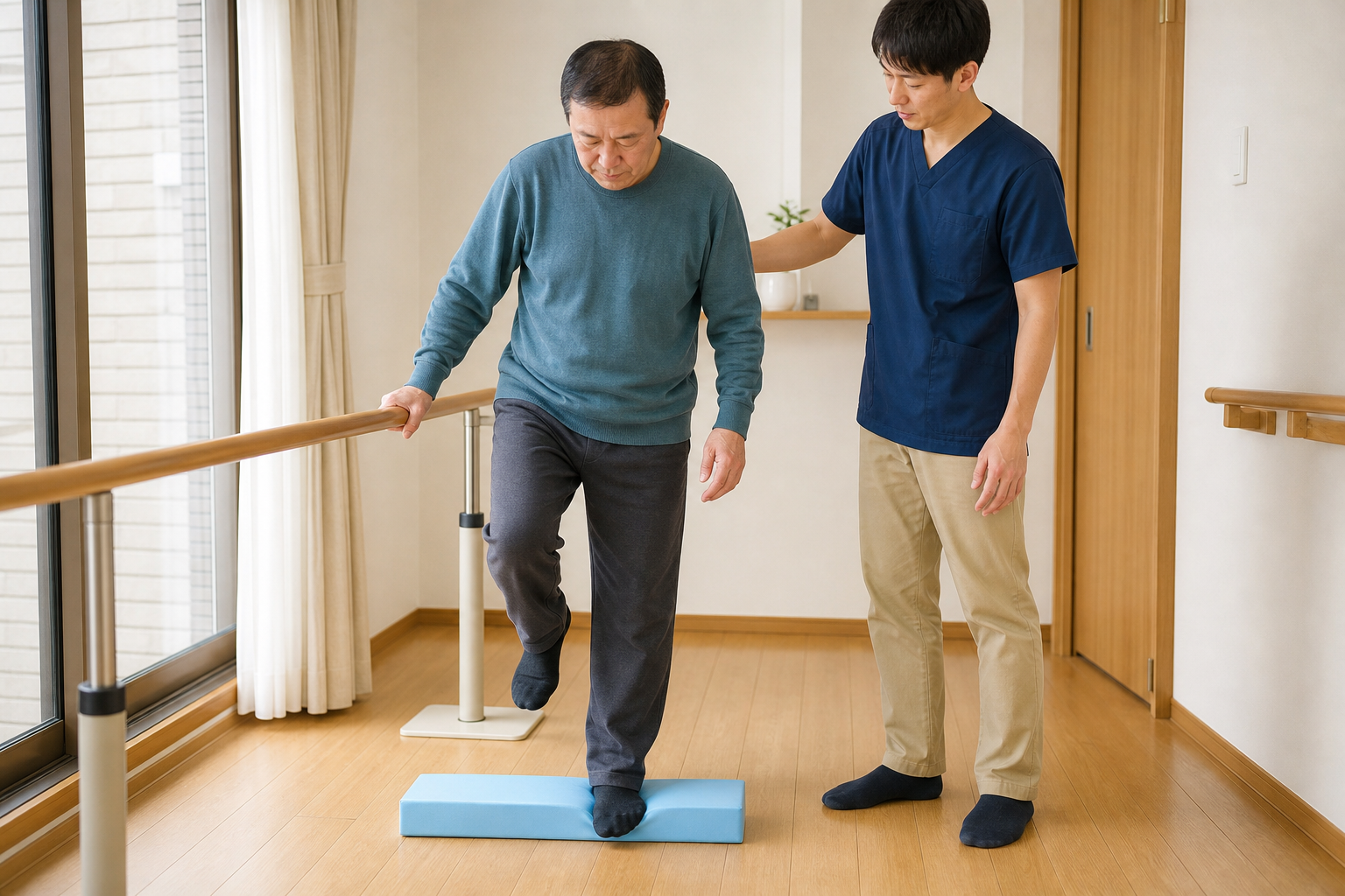 低い段差を使った歩行練習を専門職と行う様子