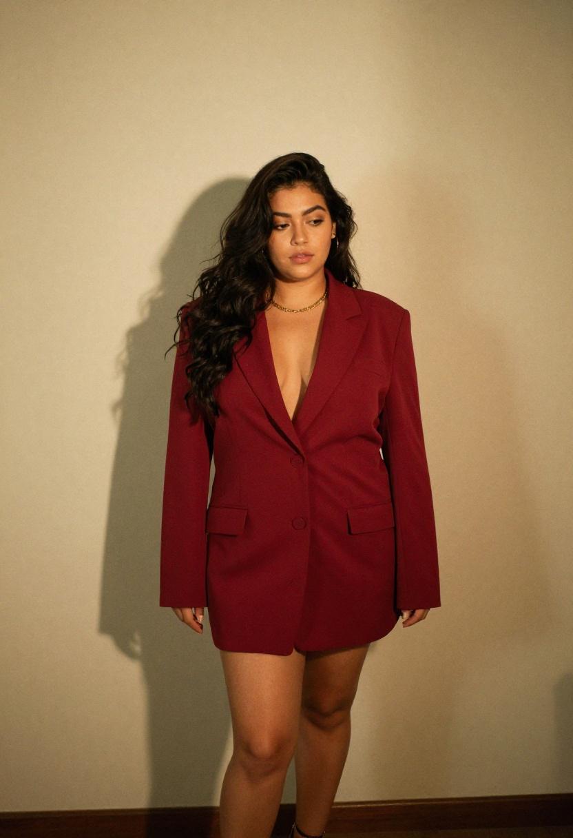 Deep crimson plus size blazer dress in editorial three-quarter pose delivering moody spring professional confidence