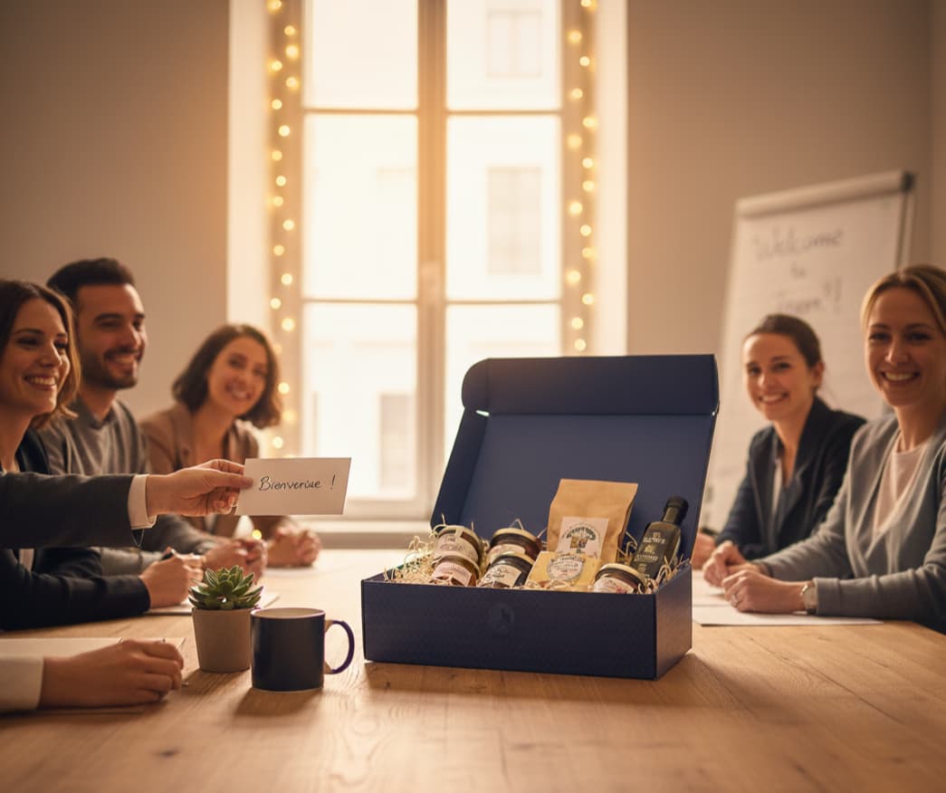 Coffret gourmand de bienvenue pour nouvelles recrues, symbolisant une culture d'entreprise chaleureuse et humaine