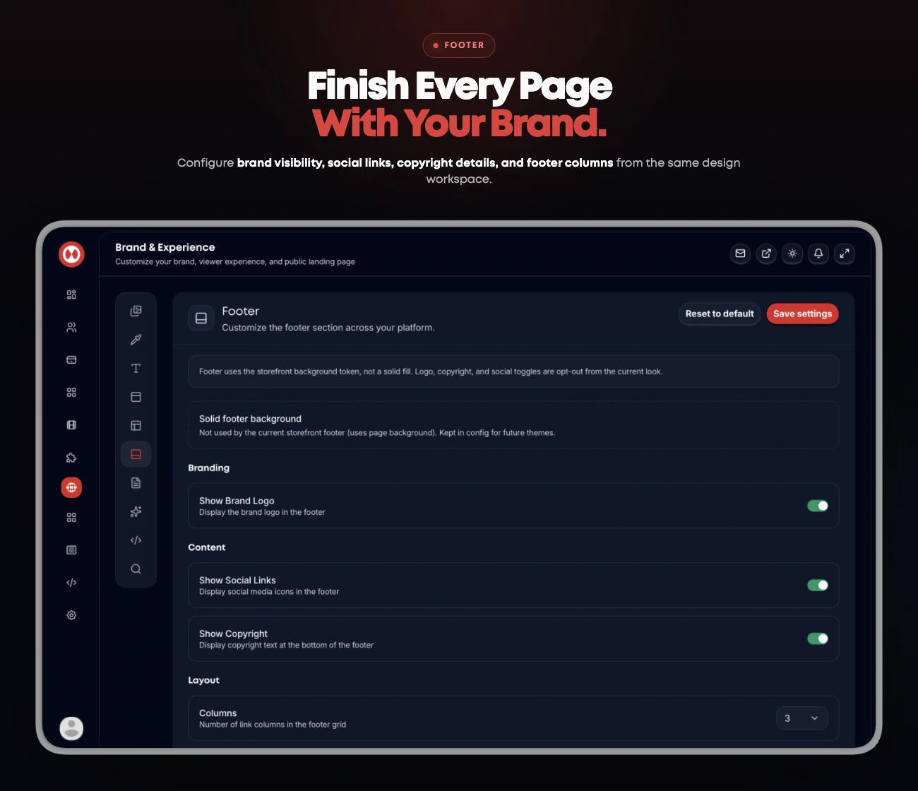 Streamly Footer workspace with brand logo, social links, copyright, and footer column controls