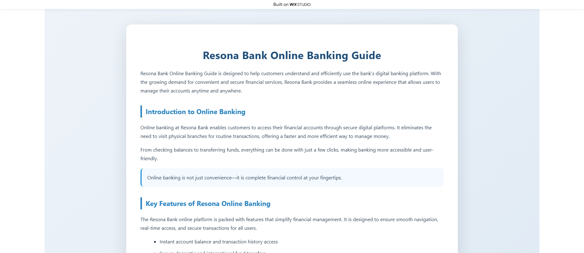 Forensic screenshot of resonaa-bank.wixstudio.com showing the phishing page layout