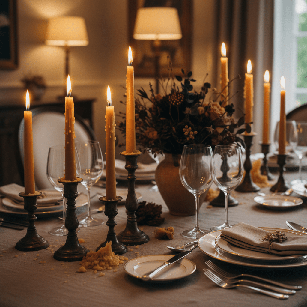 Elegant beeswax taper candles on a formal dining table