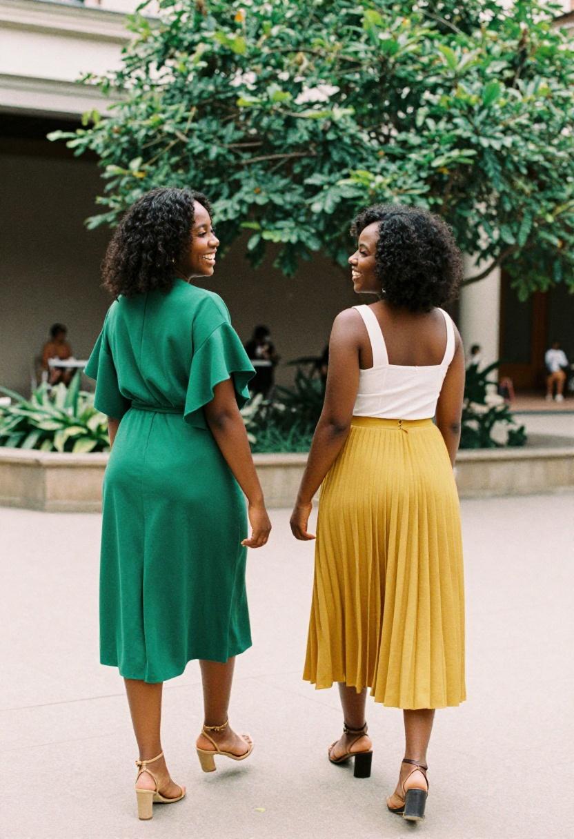 Emerald and saffron duo outfits for joyful museum fashion moment