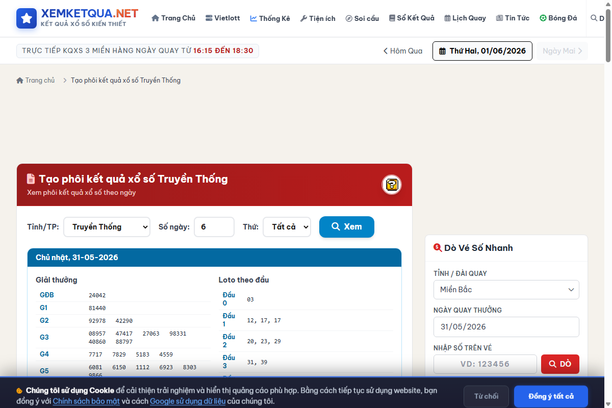 Hướng dẫn cách xem và sử dụng Tạo phôi đề/càng đề/cặp số trên Xemketqua.net