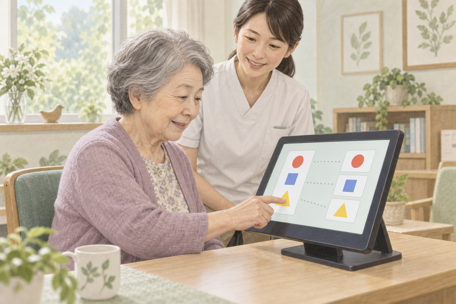 画面上の課題を座位で確認する場面。特定の研究機器の再現ではありません