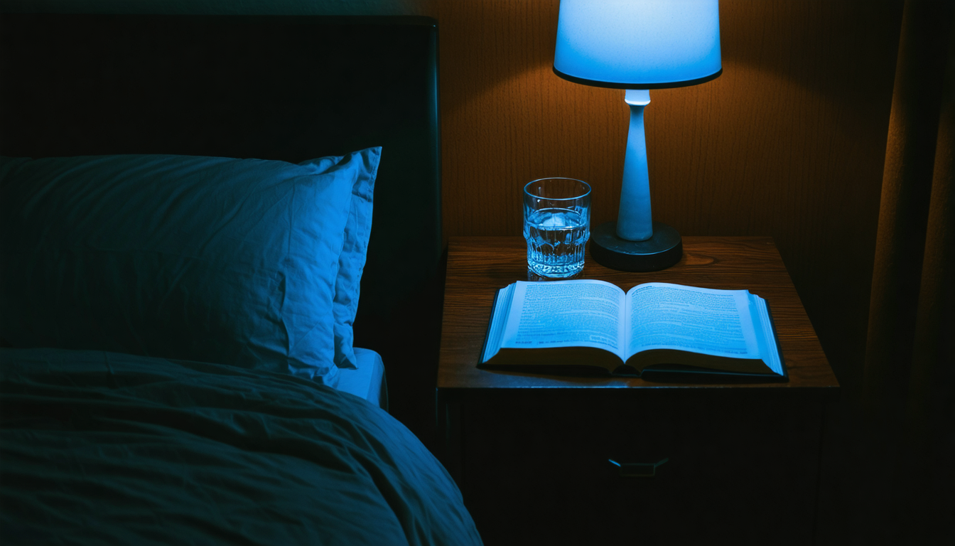 A phone glowing face-down on a nightstand, radiating the quiet emergency of attention already spent elsewhere.