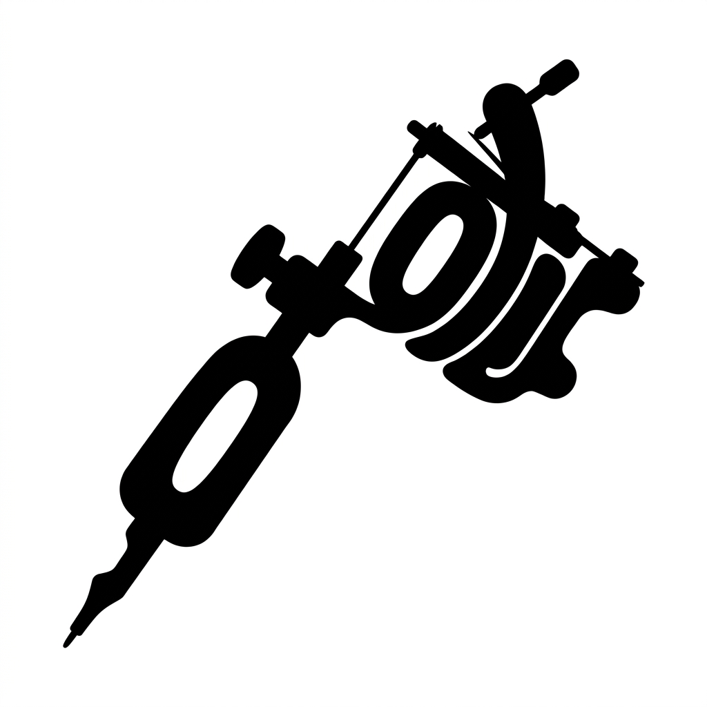 Tipografia da letra O distorcida no formato de uma máquina de tatuagem, estilo bubble font, cor preta em fundo branco sólido.
