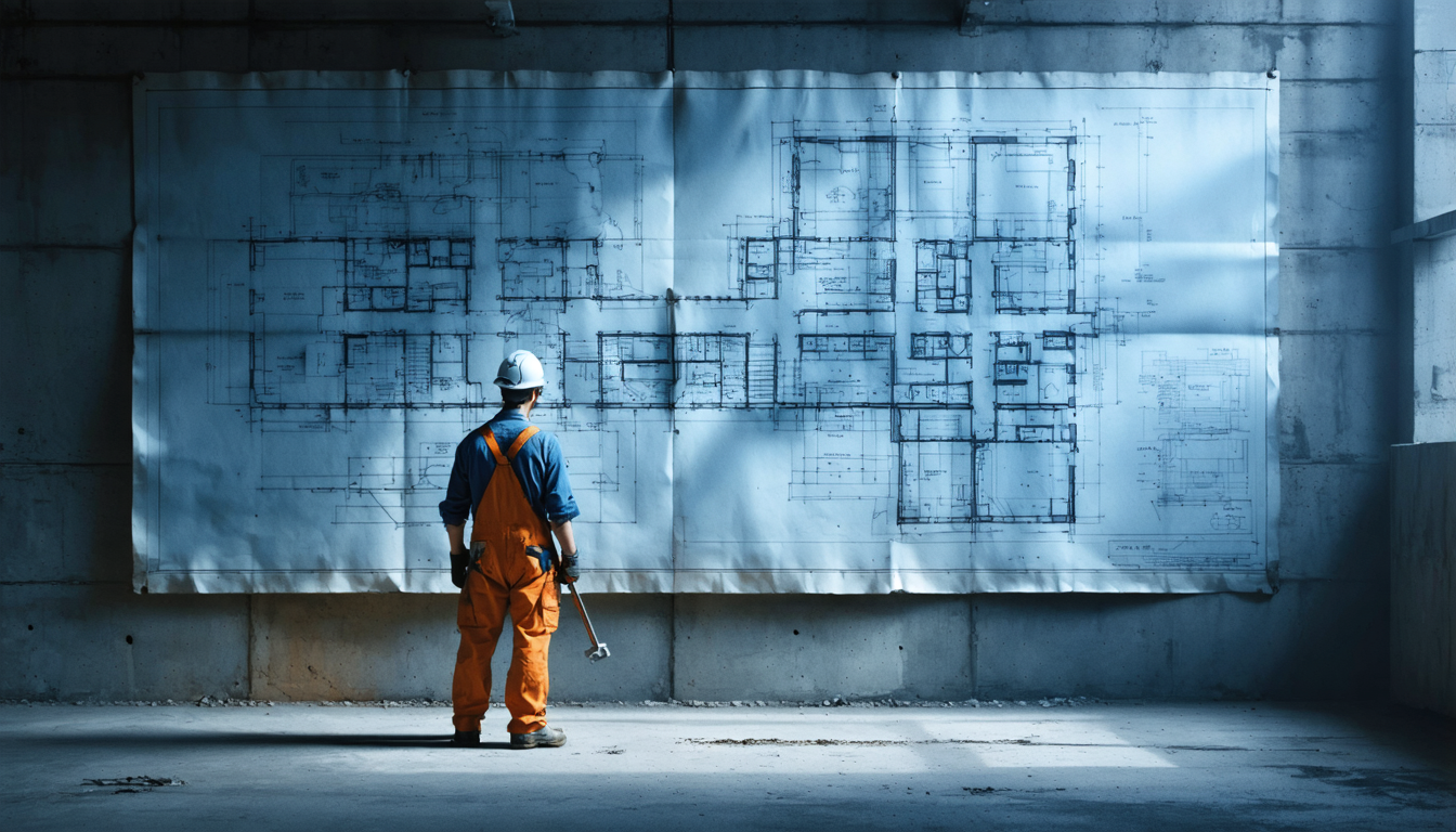 A plumber gazing at architectural blueprints as though promotion and dispossession were the same gesture.