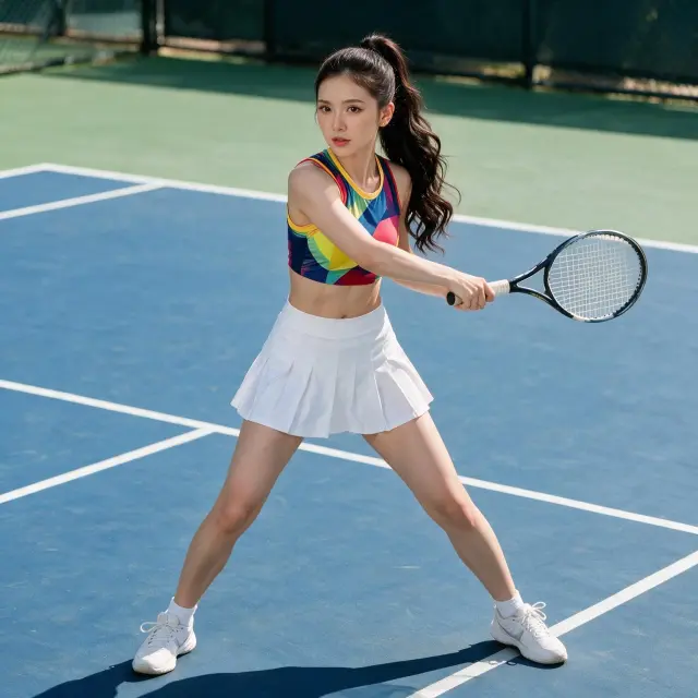 A girl with long wavy hair in a ponytail, wearing a white sport skirt and colored crop top, standing on a tennis court, holding a tennis racket, action shot