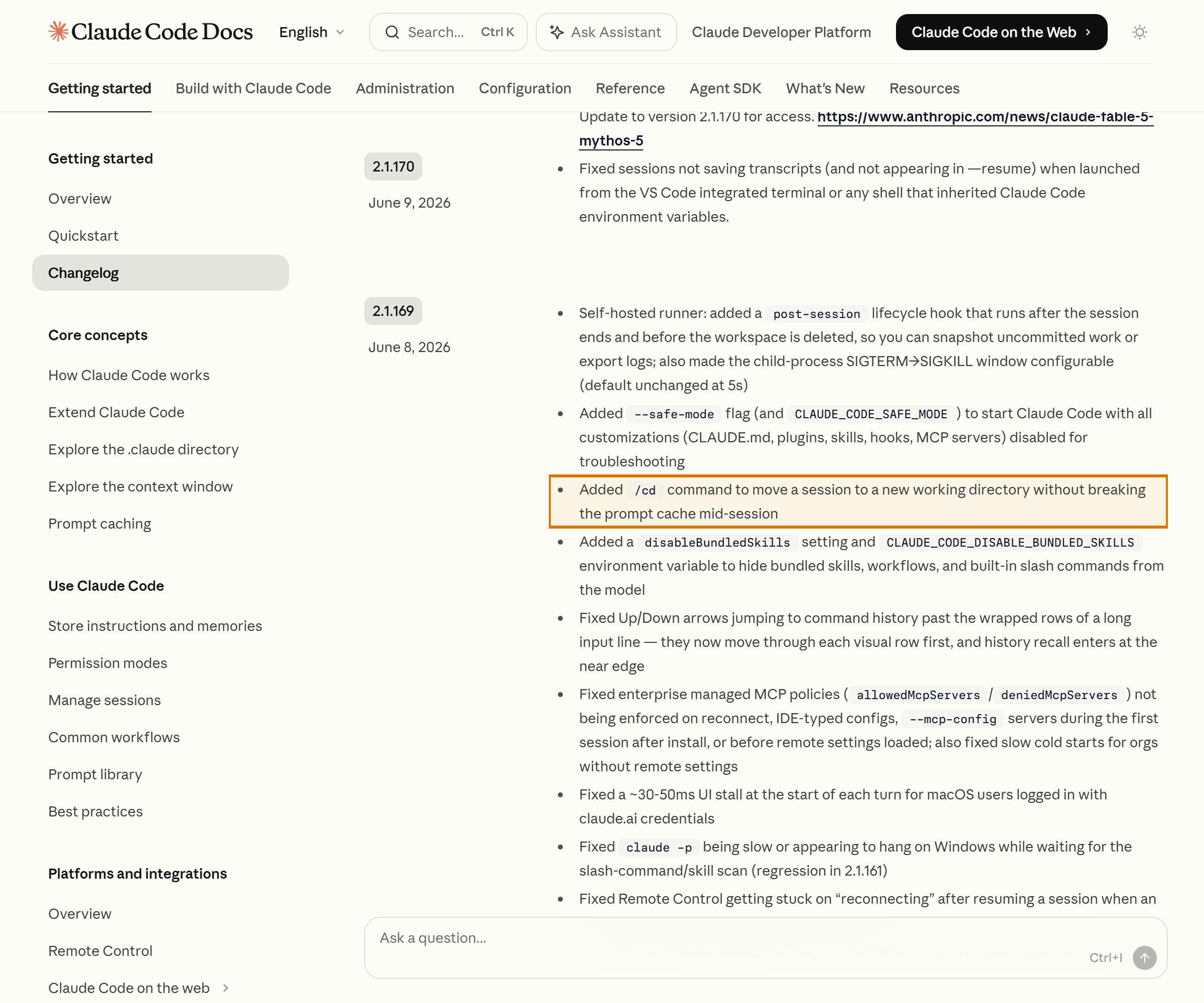 Claude Code official changelog — the /cd command entry (change working directory, keep prompt cache) (Source: Claude Code official docs)
