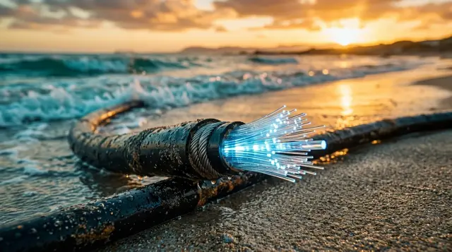 Undersea fiber optic cables emerging onto sandy beach at golden hour, glowing fibers visible