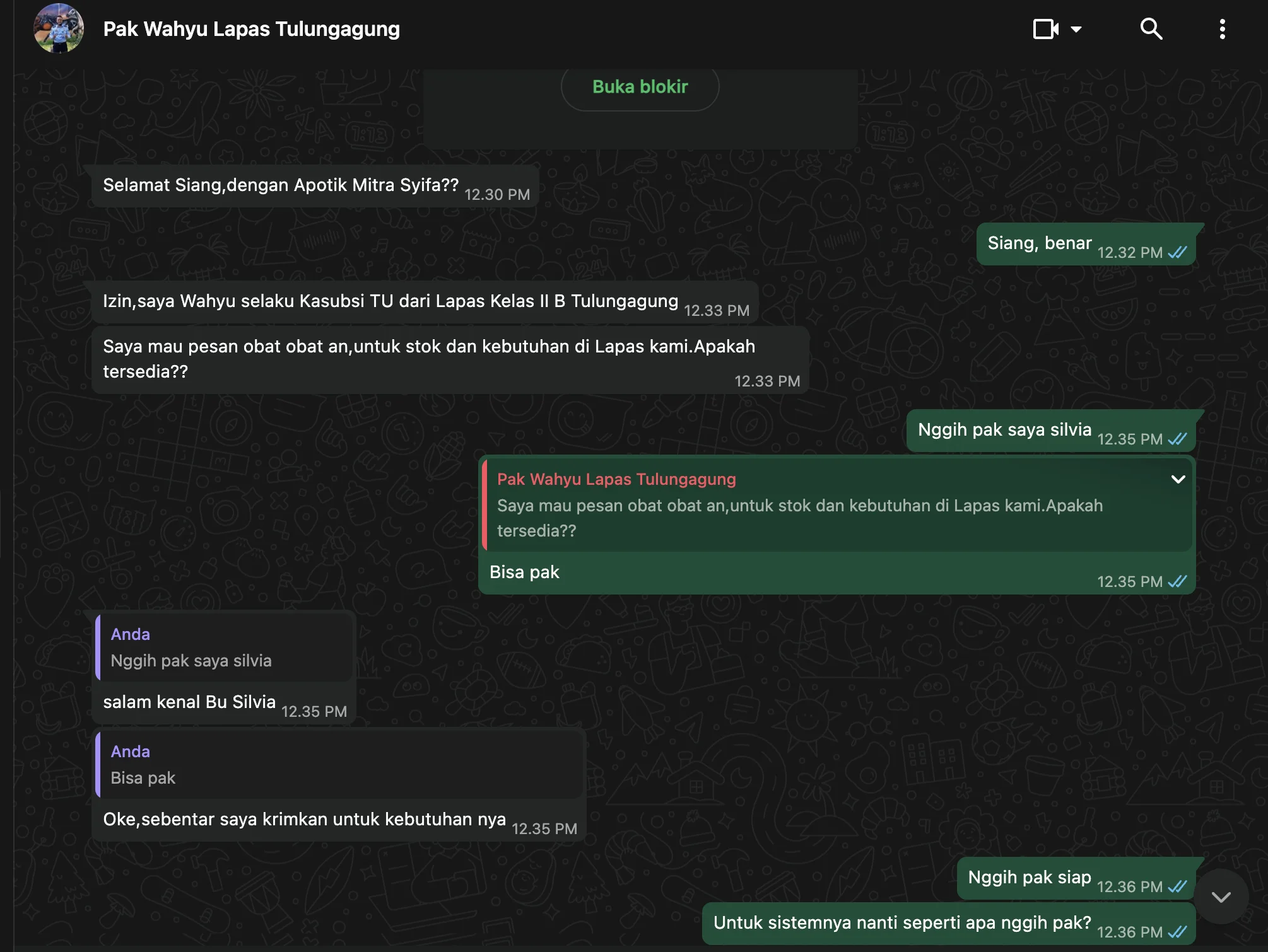 Bukti pesan WhatsApp penipu memesan obat atas nama instansi resmi