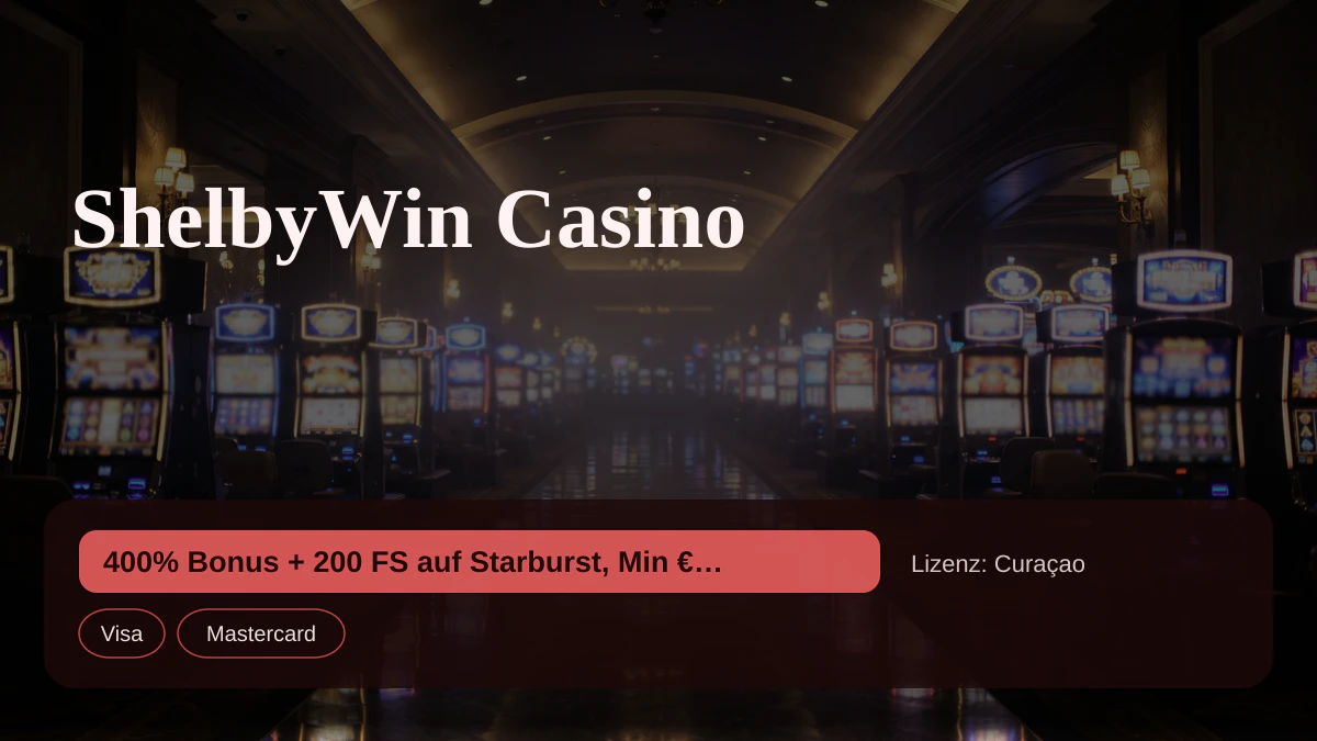 ShelbyWin Casino — Willkommensbonus 400% Bonus + 200 FS auf Starburst, Min €20, Zahlungen: Visa, Mastercard, Sofort