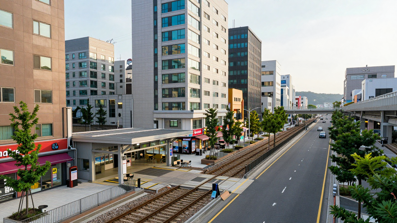 따뜻한 오후 햇살 아래 새 아파트, 활기찬 상점, 역 입구, 빈 카페 테라스, 가로수 길과 현대식 육교가 어우러진 변모한 한국