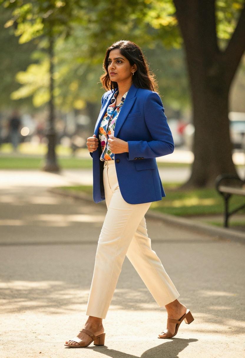 Cobalt blue blazer over floral blouse and tailored trousers for Mother's Day church