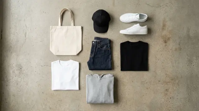 Curated streetwear essentials laid flat on concrete surface, minimalist editorial arrangement
