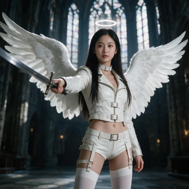 wearing a tight white leather battle jacket with lots of buckles, tight white leather battle shorts with straps, white leather collar, opaque white thigh high stockings, standing in a dark ancient cathedral with tall stained glass windows, looking determined, full body shot, zoomed out view, expansive sweeping white angel wings, sword extended in hand, small halo, ultra realistic