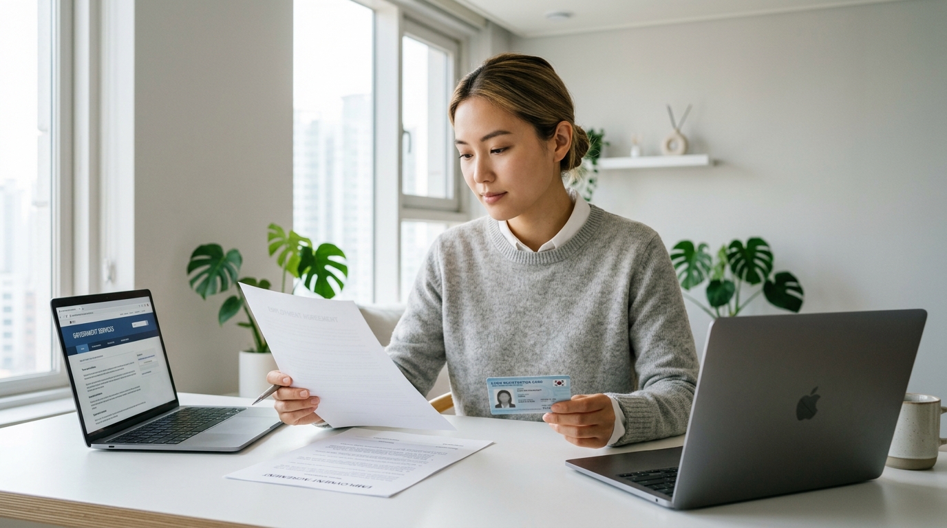 Foreign professional checking E-7 visa documents before side work in Korea