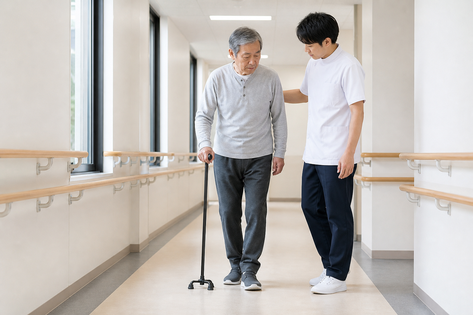特発性正常圧水頭症のある高齢者が杖を使い専門職の見守りで歩行練習を行う場面