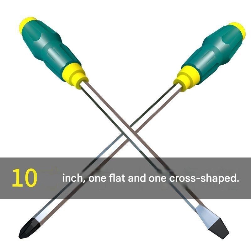 2-piece Green One 10-inch Phillips screwdriver and one 10-inch flathead screwdriver Impact-Resistant Magnetic Screwdriver with Through-Tang Shaft — Chrome Vanadium Steel Bit, Ergonomic Non-Slip Handle — Ideal for Automotive Repair, Machinery Maintenance,