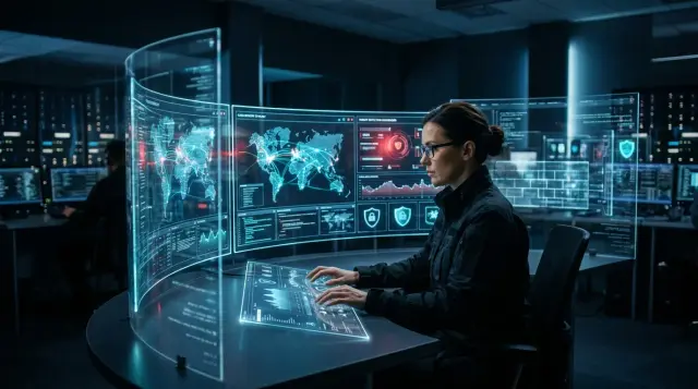 Security analyst monitoring holographic threat detection screens in dimly lit cyber operations center