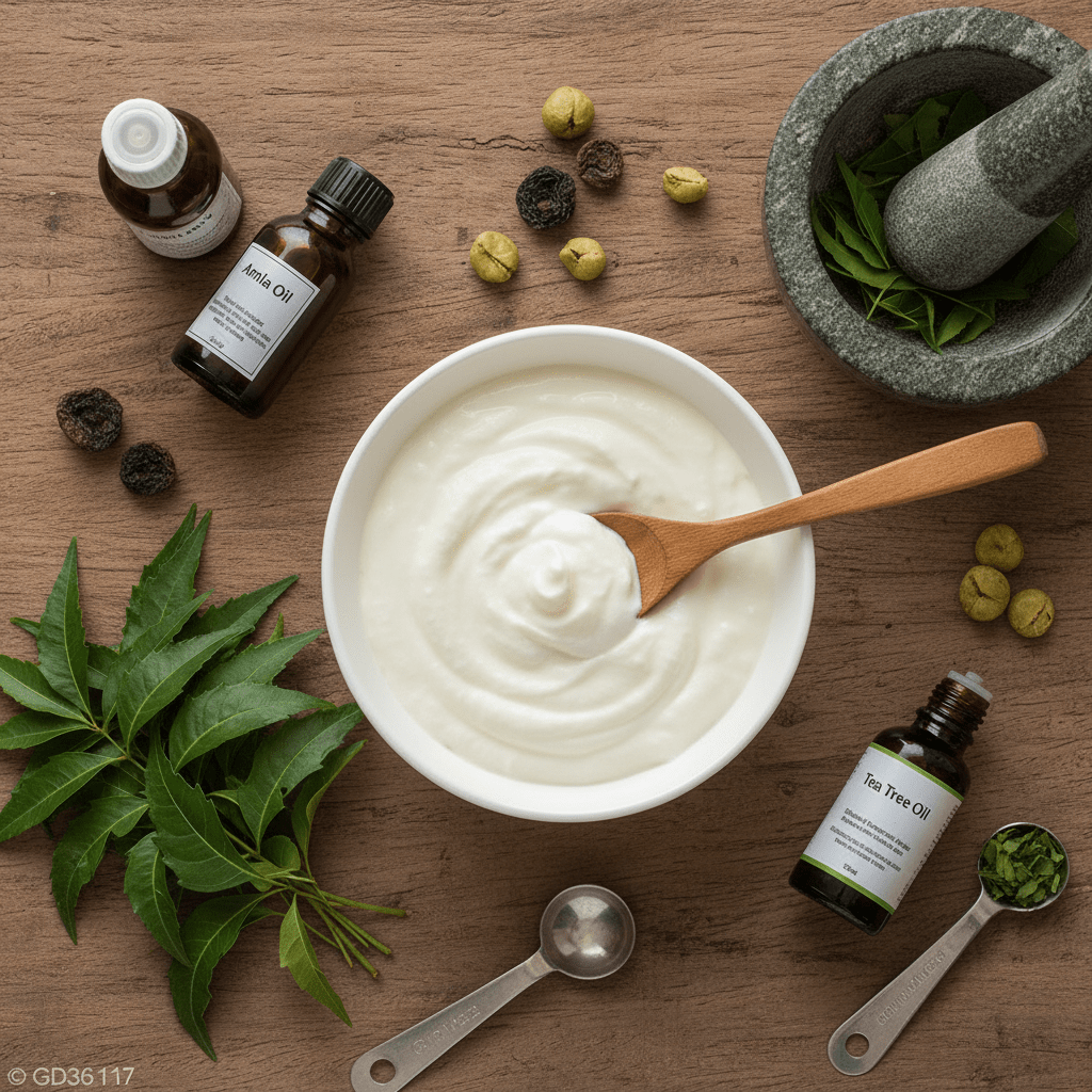 DIY amla hair mask ingredients arranged for dandruff care