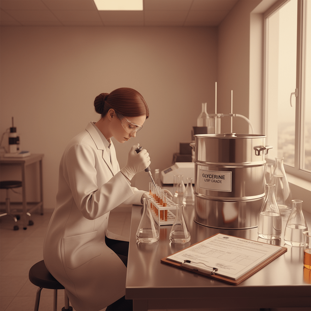 Quality control testing of glycerine with sealed drum and paperwork