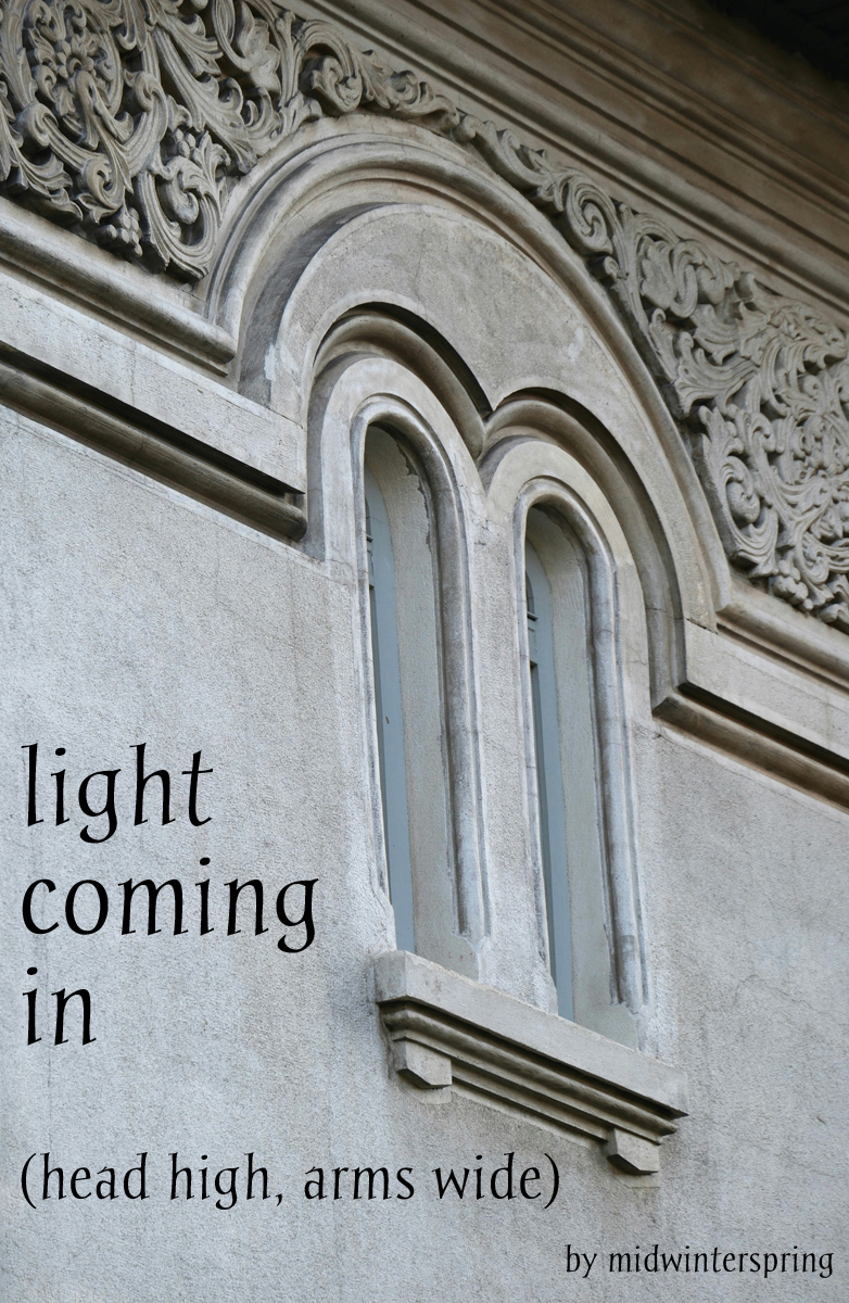 An arched window set in a white wall with ornate carvings above it, with the fic title and author in a calligraphic font.